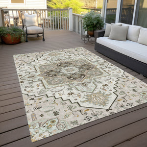 Homeroots 3' Beige Green Brown Oriental Washable Area Rug For Indoor Outdoor Spaces - Durable & Stylish 10' X 14' Polyester 600167