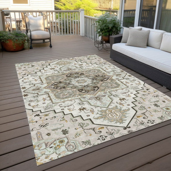 Homeroots 3' Beige Green Brown Oriental Washable Area Rug For Indoor Outdoor Spaces - Durable & Stylish 10' X 14' Polyester 600167