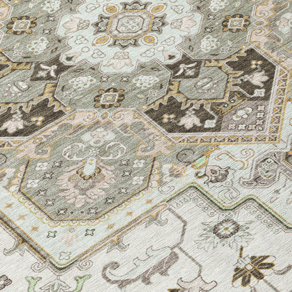 Homeroots 3' Beige Green Brown Oriental Washable Area Rug For Indoor Outdoor Spaces - Durable & Stylish 10' X 14' Polyester 600167