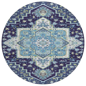 HomeRoots 5' Stylish Navy Blue Ivory and Black Oriental Indoor Outdoor Rug - Durable, Washable, Versatile Design 8' Round 600170