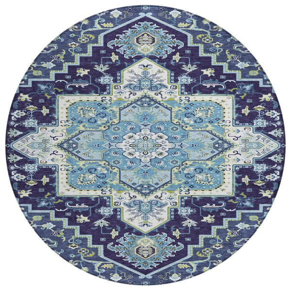 HomeRoots 5' Stylish Navy Blue Ivory and Black Oriental Indoor Outdoor Rug - Durable, Washable, Versatile Design 8' Round 600170