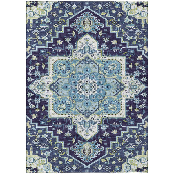 HomeRoots 5' Stylish Navy Blue Ivory and Black Oriental Indoor Outdoor Rug - Durable, Washable, Versatile Design 8' X 10' 600171