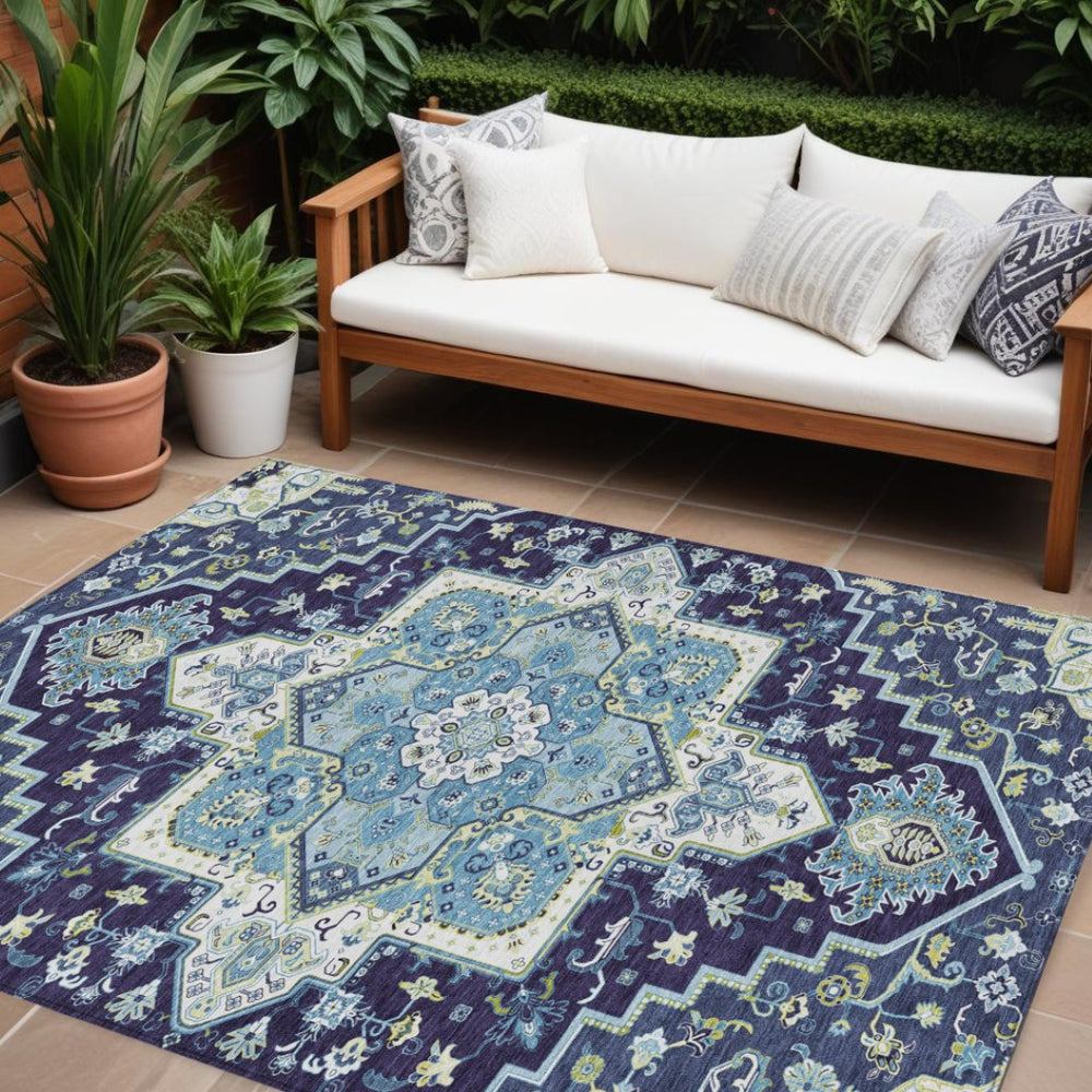 HomeRoots 5' Stylish Navy Blue Ivory and Black Oriental Indoor Outdoor Rug - Durable, Washable, Versatile Design 10' X 14' 600173