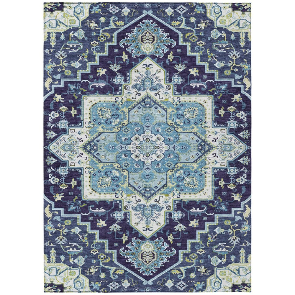 HomeRoots 5' Stylish Navy Blue Ivory and Black Oriental Indoor Outdoor Rug - Durable, Washable, Versatile Design 10' X 14' 600173