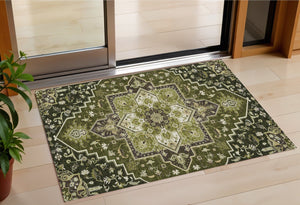 Homeroots 3' Beige Green Brown Oriental Washable Area Rug For Indoor Outdoor Spaces - Durable & Stylish 3' X 5' Polyester 600174