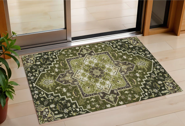 Homeroots 3' Beige Green Brown Oriental Washable Area Rug For Indoor Outdoor Spaces - Durable & Stylish 3' X 5' Polyester 600174