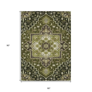 Homeroots 3' Beige Green Brown Oriental Washable Area Rug For Indoor Outdoor Spaces - Durable & Stylish 5' X 8' Polyester 600175