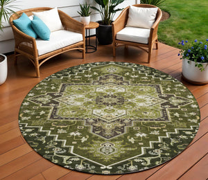 Homeroots 3' Beige Green Brown Oriental Washable Area Rug For Indoor Outdoor Spaces - Durable & Stylish 8' Round Polyester 600176