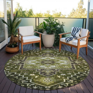 Homeroots 3' Beige Green Brown Oriental Washable Area Rug For Indoor Outdoor Spaces - Durable & Stylish 8' Round Polyester 600176