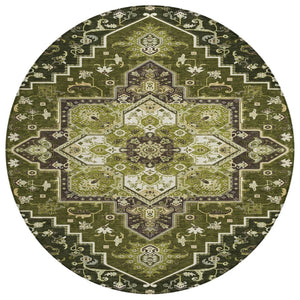 HomeRoots 5' Olive Green and Ivory Oriental Area Rug - Washable Indoor/Outdoor for High-Traffic Spaces 8' Round 600176