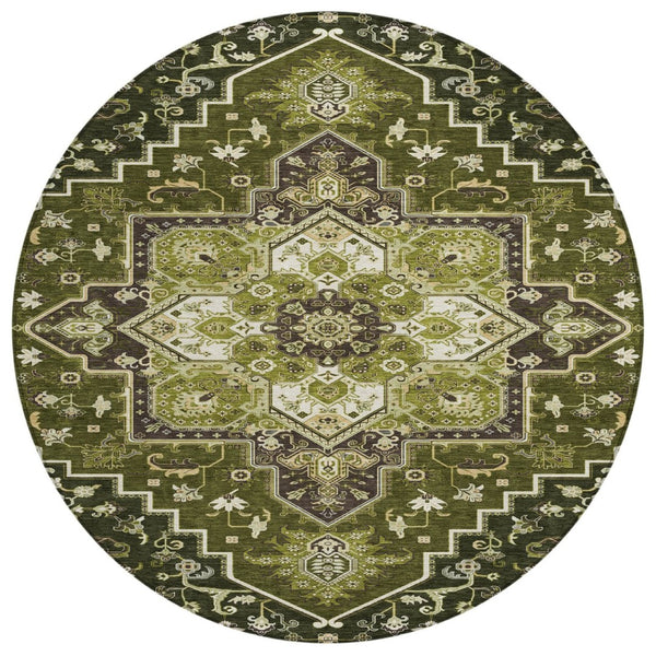 HomeRoots 5' Olive Green and Ivory Oriental Area Rug - Washable Indoor/Outdoor for High-Traffic Spaces 8' Round 600176