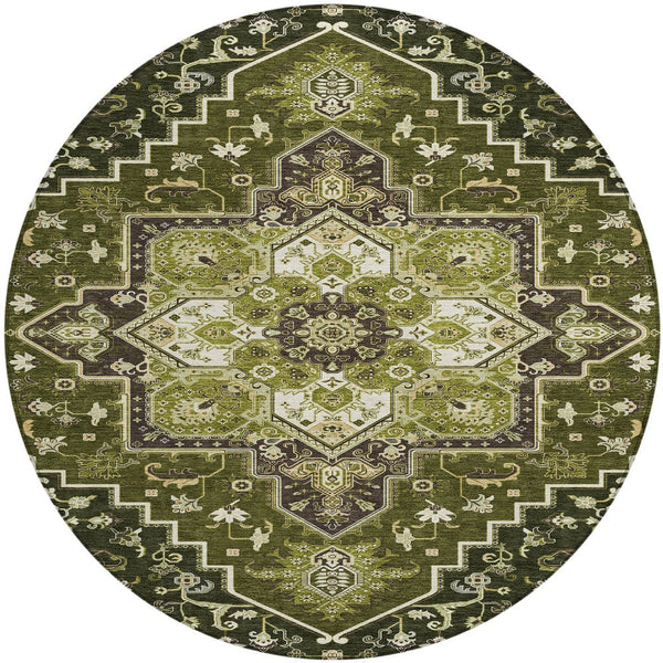 Homeroots 3' Beige Green Brown Oriental Washable Area Rug For Indoor Outdoor Spaces - Durable & Stylish 8' Round Polyester 600176