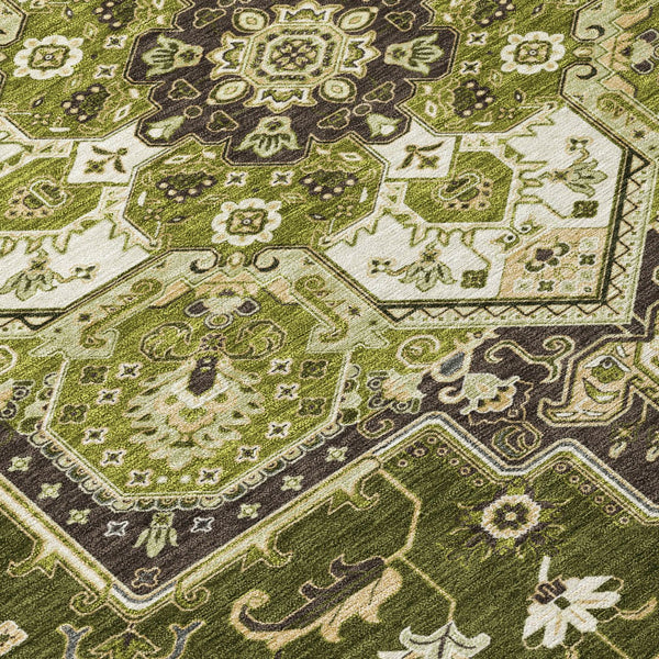 Homeroots 3' Beige Green Brown Oriental Washable Area Rug For Indoor Outdoor Spaces - Durable & Stylish 8' Round Polyester 600176