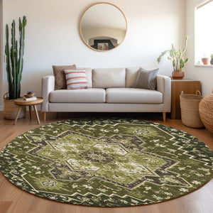 Homeroots 3' Beige Green Brown Oriental Washable Area Rug For Indoor Outdoor Spaces - Durable & Stylish 8' Round Polyester 600176