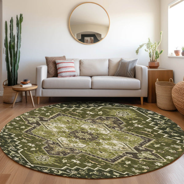 Homeroots 3' Beige Green Brown Oriental Washable Area Rug For Indoor Outdoor Spaces - Durable & Stylish 8' Round Polyester 600176