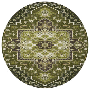 Homeroots 3' Beige Green Brown Oriental Washable Area Rug For Indoor Outdoor Spaces - Durable & Stylish 8' Round Polyester 600176