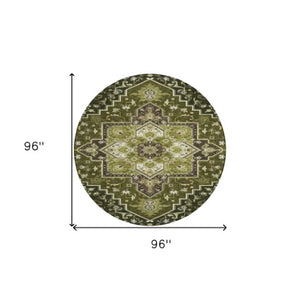 Homeroots 3' Beige Green Brown Oriental Washable Area Rug For Indoor Outdoor Spaces - Durable & Stylish 8' Round Polyester 600176