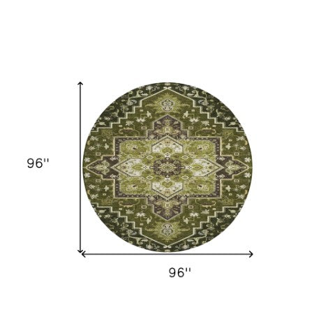 Homeroots 3' Beige Green Brown Oriental Washable Area Rug For Indoor Outdoor Spaces - Durable & Stylish 8' Round Polyester 600176