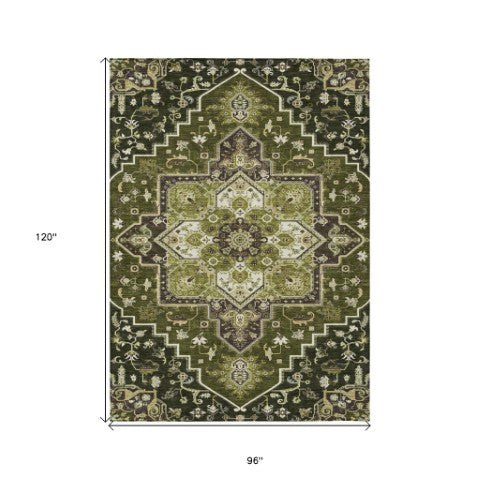 Homeroots 3' Beige Green Brown Oriental Washable Area Rug For Indoor Outdoor Spaces - Durable & Stylish 8' X 10' Polyester 600177