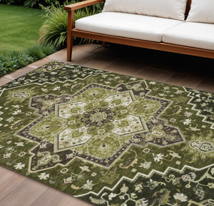 Homeroots 3' Beige Green Brown Oriental Washable Area Rug For Indoor Outdoor Spaces - Durable & Stylish 8' X 10' Polyester 600177