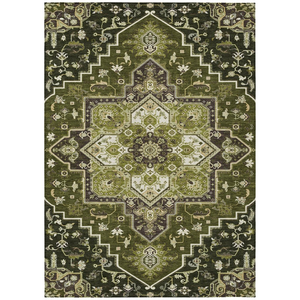 HomeRoots 5' Olive Green and Ivory Oriental Area Rug - Washable Indoor/Outdoor for High-Traffic Spaces 8' X 10' 600177