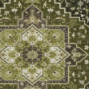 Homeroots 3' Beige Green Brown Oriental Washable Area Rug For Indoor Outdoor Spaces - Durable & Stylish 8' X 10' Polyester 600177