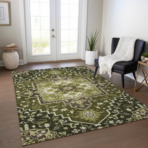 Homeroots 3' Beige Green Brown Oriental Washable Area Rug For Indoor Outdoor Spaces - Durable & Stylish 8' X 10' Polyester 600177