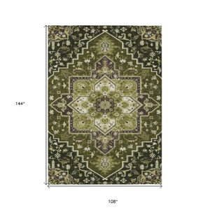 Homeroots 3' Beige Green Brown Oriental Washable Area Rug For Indoor Outdoor Spaces - Durable & Stylish 9' X 12' Polyester 600178