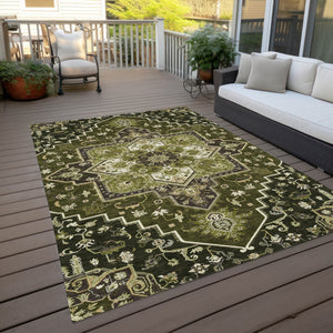 Homeroots 3' Beige Green Brown Oriental Washable Area Rug For Indoor Outdoor Spaces - Durable & Stylish 9' X 12' Polyester 600178