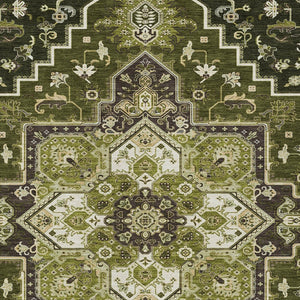 Homeroots 3' Beige Green Brown Oriental Washable Area Rug For Indoor Outdoor Spaces - Durable & Stylish 9' X 12' Polyester 600178
