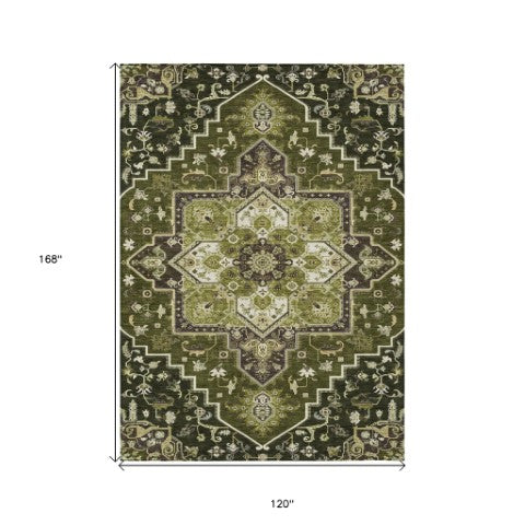 Homeroots 3' Beige Green Brown Oriental Washable Area Rug For Indoor Outdoor Spaces - Durable & Stylish 10' X 14' Polyester 600179
