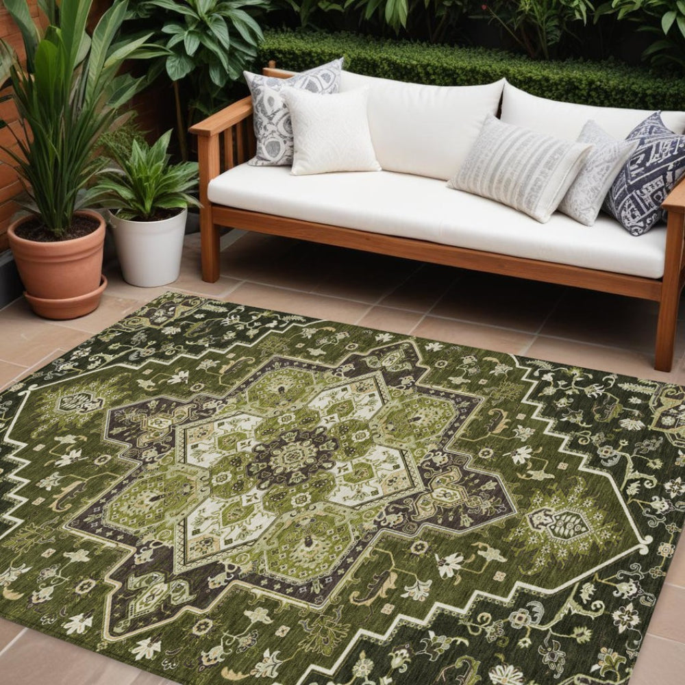 HomeRoots 5' Olive Green and Ivory Oriental Area Rug - Washable Indoor/Outdoor for High-Traffic Spaces 10' X 14' 600179