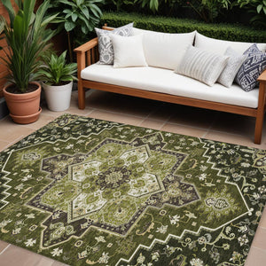 Homeroots 3' Beige Green Brown Oriental Washable Area Rug For Indoor Outdoor Spaces - Durable & Stylish 10' X 14' Polyester 600179