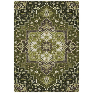 HomeRoots 5' Olive Green and Ivory Oriental Area Rug - Washable Indoor/Outdoor for High-Traffic Spaces 10' X 14' 600179
