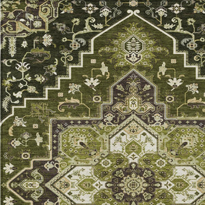 Homeroots 3' Beige Green Brown Oriental Washable Area Rug For Indoor Outdoor Spaces - Durable & Stylish 10' X 14' Polyester 600179