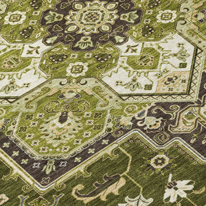 Homeroots 3' Beige Green Brown Oriental Washable Area Rug For Indoor Outdoor Spaces - Durable & Stylish 10' X 14' Polyester 600179