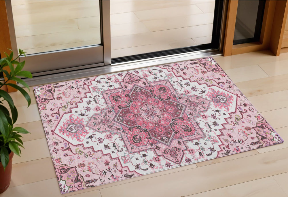 Homeroots 3' Beige Green Brown Oriental Washable Area Rug For Indoor Outdoor Spaces - Durable & Stylish 3' X 5' Polyester 600180