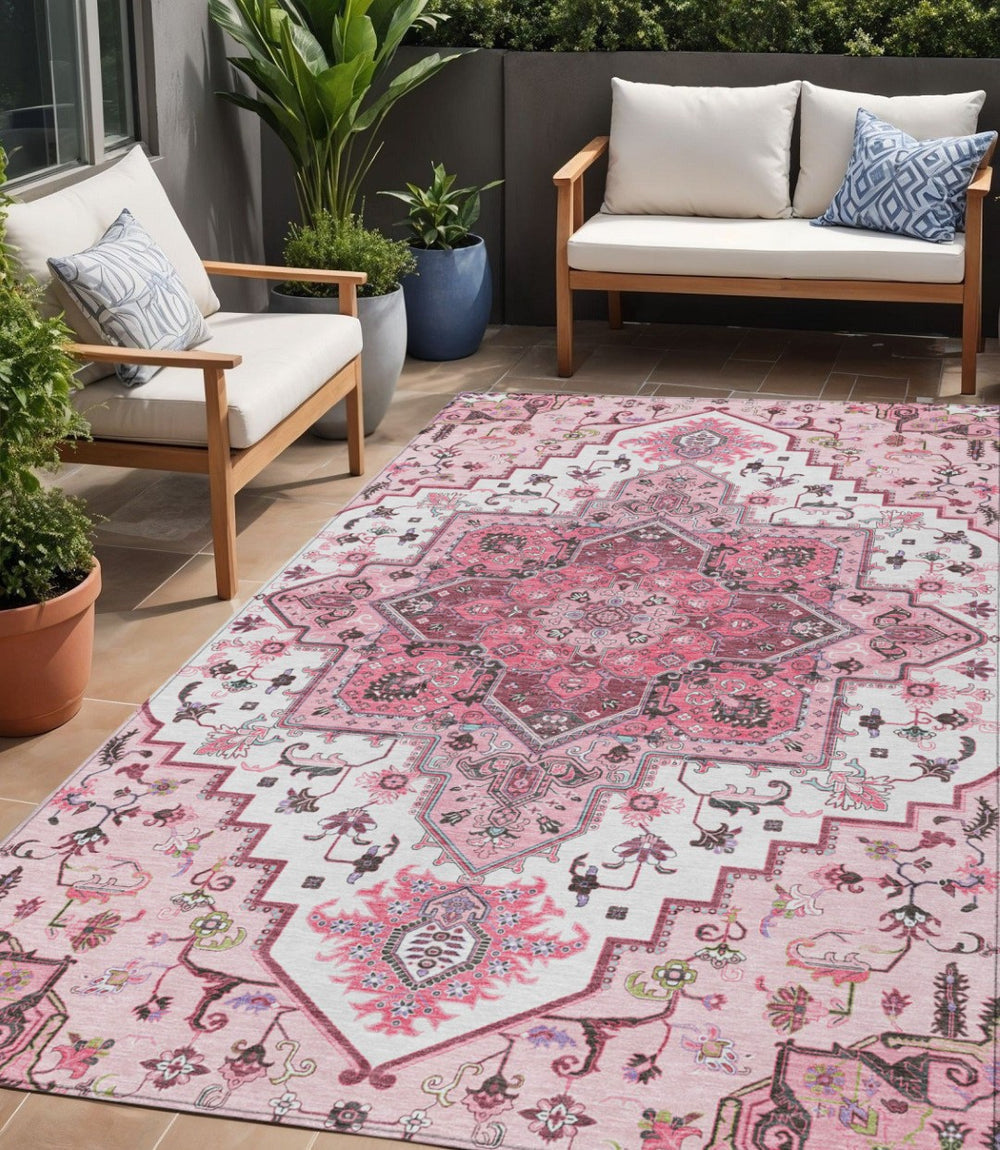 HomeRoots 5' Elegant Pink Ivory and Gray Oriental Washable Area Rug for Indoor & Outdoor High-Traffic Spaces 5' X 8' 600181