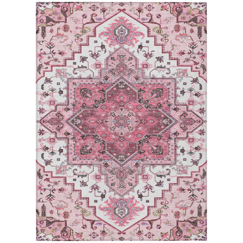 HomeRoots 5' Elegant Pink Ivory and Gray Oriental Washable Area Rug for Indoor & Outdoor High-Traffic Spaces 5' X 8' 600181