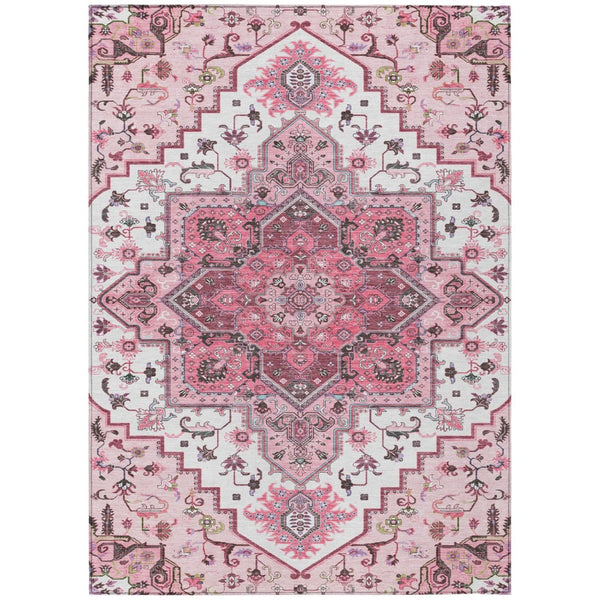 HomeRoots 5' Elegant Pink Ivory and Gray Oriental Washable Area Rug for Indoor & Outdoor High-Traffic Spaces 5' X 8' 600181