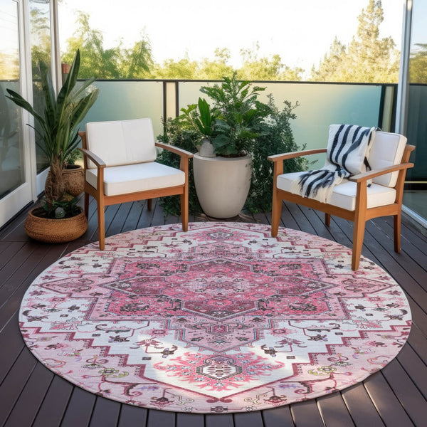 Homeroots 3' Beige Green Brown Oriental Washable Area Rug For Indoor Outdoor Spaces - Durable & Stylish 8' Round Polyester 600182