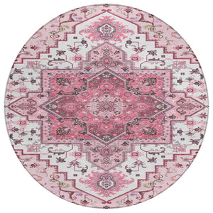 HomeRoots 5' Elegant Pink Ivory and Gray Oriental Washable Area Rug for Indoor & Outdoor High-Traffic Spaces 8' Round 600182