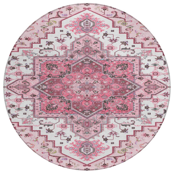 HomeRoots 5' Elegant Pink Ivory and Gray Oriental Washable Area Rug for Indoor & Outdoor High-Traffic Spaces 8' Round 600182
