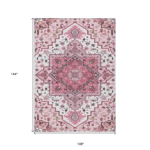 Homeroots 3' Beige Green Brown Oriental Washable Area Rug For Indoor Outdoor Spaces - Durable & Stylish 9' X 12' Polyester 600184