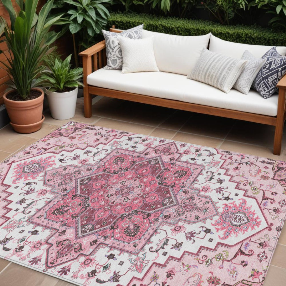 HomeRoots 9' X 12' Stylish Pink Ivory and Gray Oriental Washable Area Rug for Indoor and Outdoor Spaces 600184