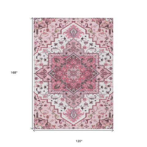 Homeroots 3' Beige Green Brown Oriental Washable Area Rug For Indoor Outdoor Spaces - Durable & Stylish 10' X 14' Polyester 600185