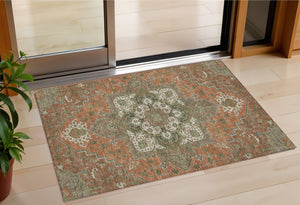 Homeroots 3' Beige Green Brown Oriental Washable Area Rug For Indoor Outdoor Spaces - Durable & Stylish 3' X 5' Polyester 600186