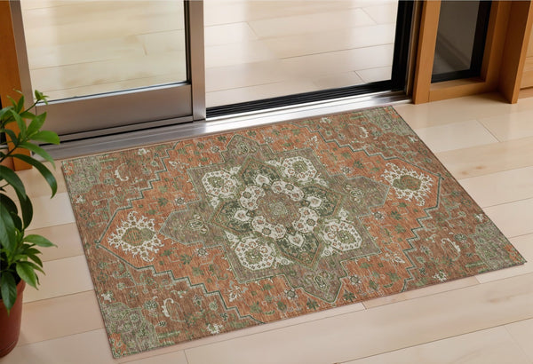 Homeroots 3' Beige Green Brown Oriental Washable Area Rug For Indoor Outdoor Spaces - Durable & Stylish 3' X 5' Polyester 600186