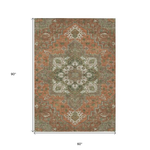 Homeroots 3' Beige Green Brown Oriental Washable Area Rug For Indoor Outdoor Spaces - Durable & Stylish 5' X 8' Polyester 600187