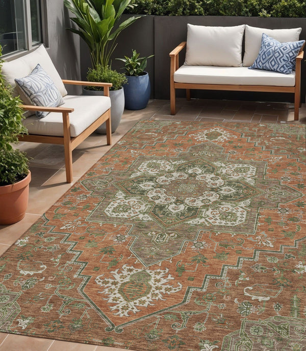 Homeroots 3' Beige Green Brown Oriental Washable Area Rug For Indoor Outdoor Spaces - Durable & Stylish 5' X 8' Polyester 600187